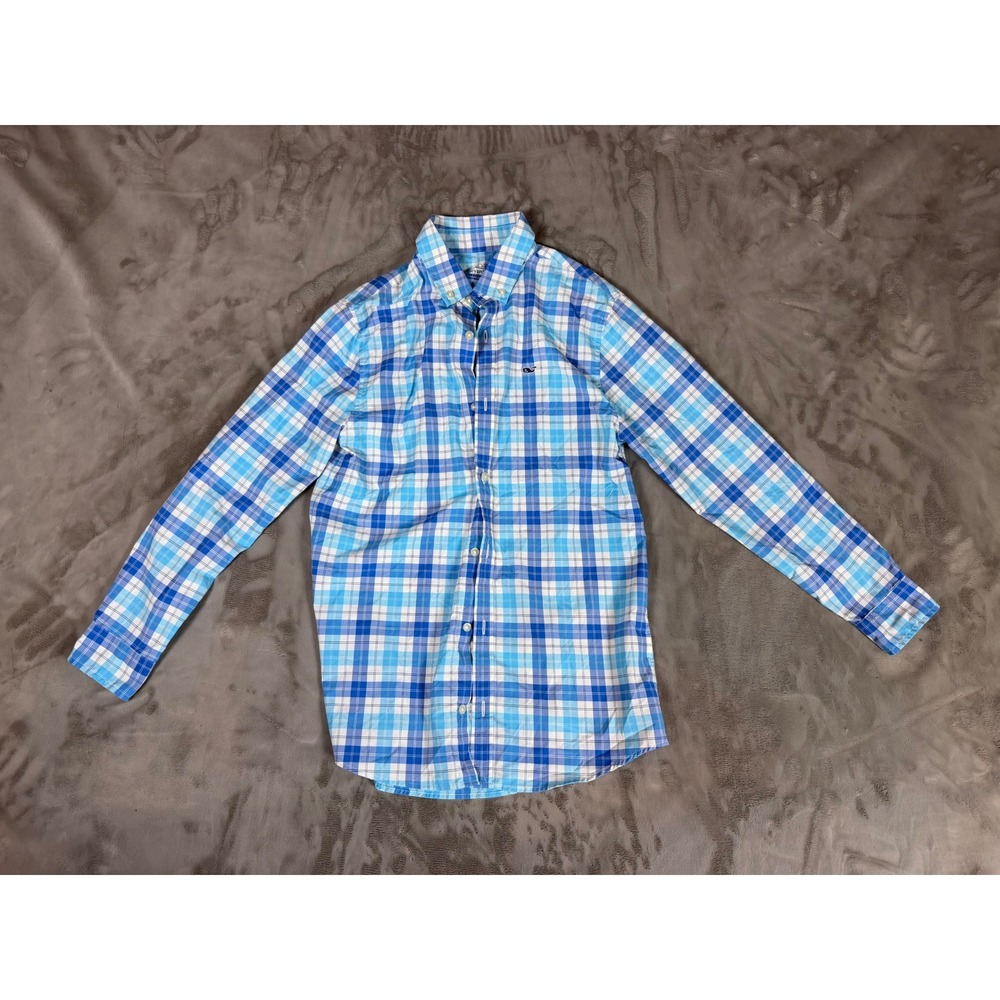 Vineyard Vines Performance Boys Blue White Plaid Button Down Shirt Size M 12-14